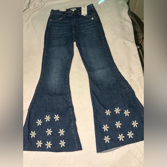 Forever 21 Dark Blue Flare Jeans with White Floral Embroidery - Picture 1 of 3